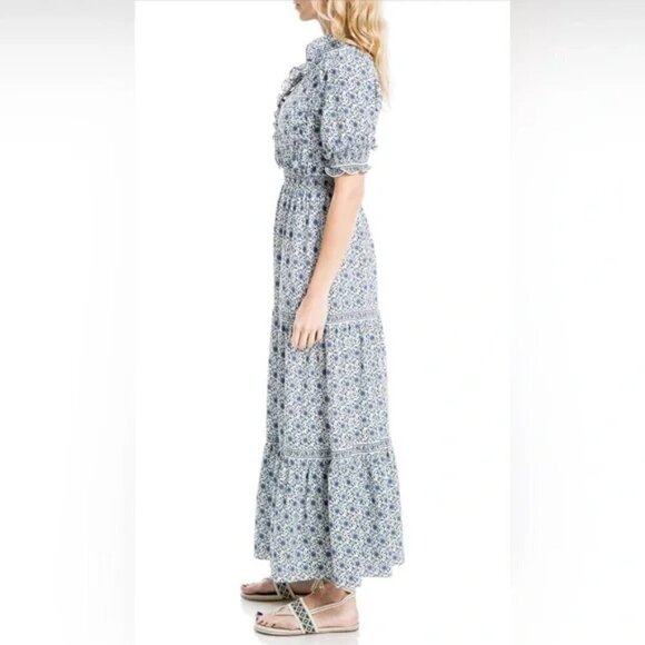 Max Studio Dress L VNeck Elbow Sleeve Boho Floral Print Tiered Maxi Flowy Casual - Picture 4 of 5